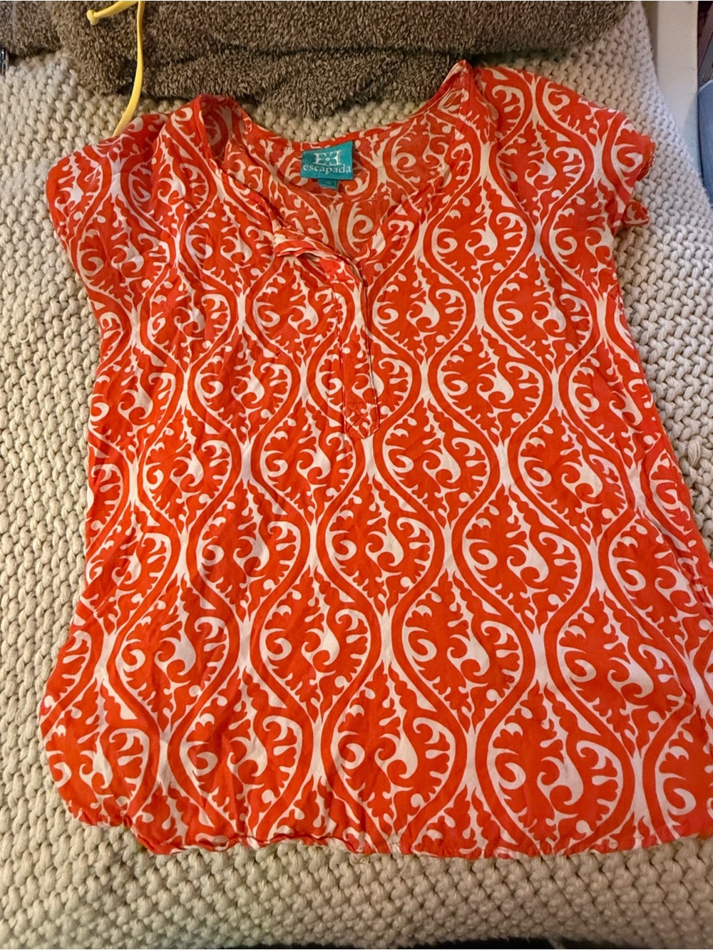 escapada Orange and White Printed V-Neck Short Sleeve Top